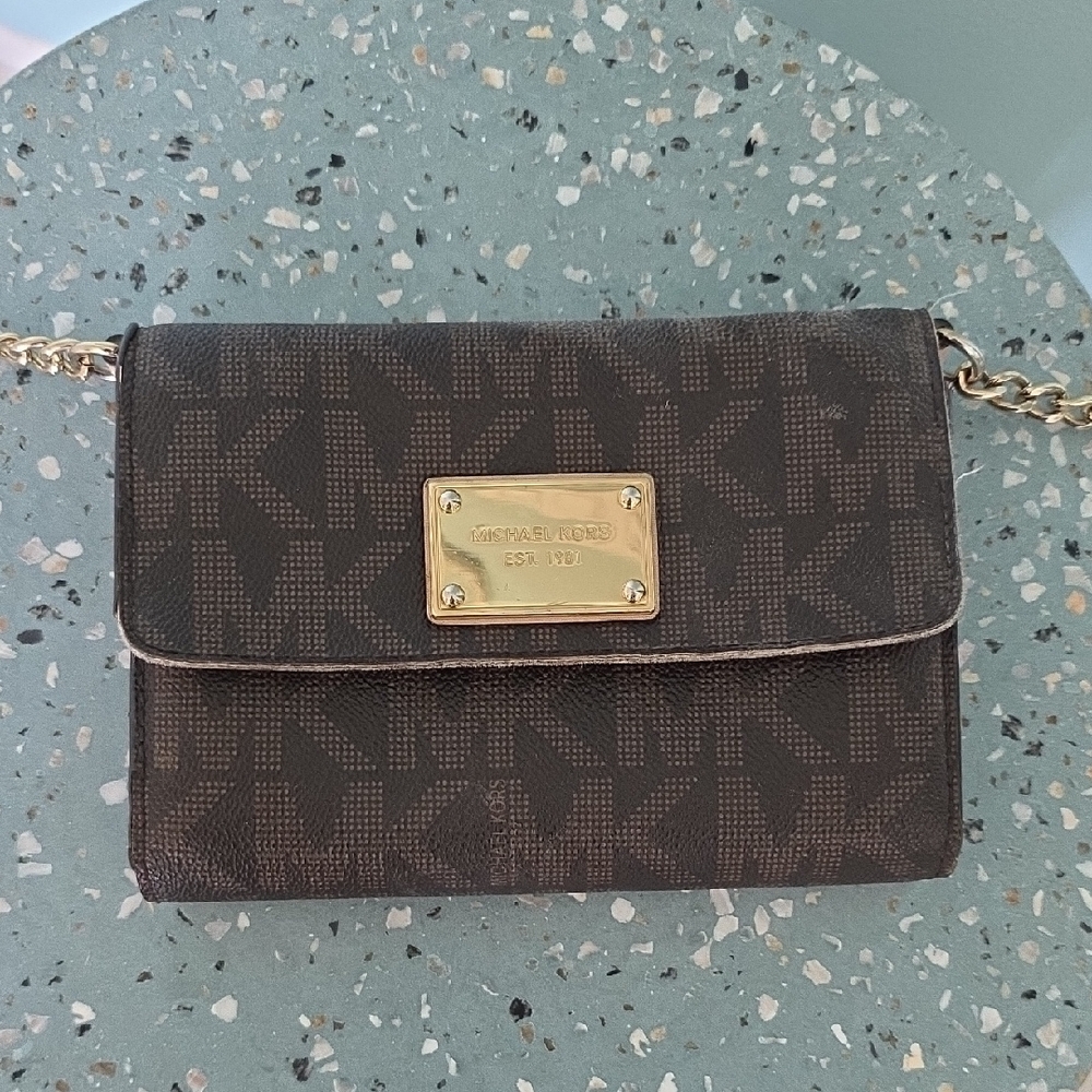Michael Kors Brown Monogram Clutch with Gold Accents